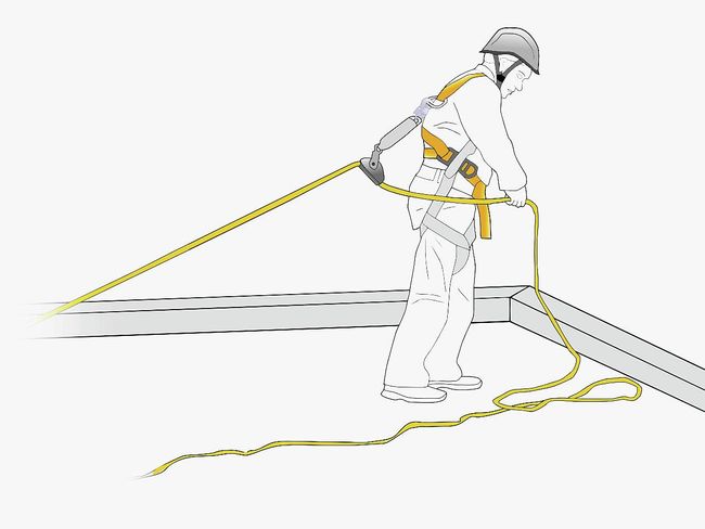 Un travailleur porte un harnais antichute, qui est fixé à une corde équipée d’un système de réglage de la longueur. Il est ainsi tenu éloigné des zones présentant un risque de chute.