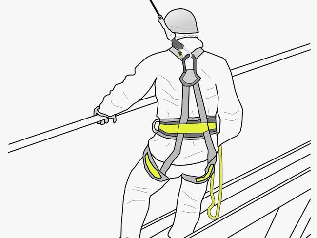 Ein Mitarbeiter steht auf einem Metallbalken in der Höhe und hält sich mit der Hand an einer Stange fest. Das Auffangsystem besteht aus einem Auffanggurt, Verbindungsmittel, Verbindungselement und Anschlageinrichtung. Auf Brust- oder Rückenöse ist ein Verbindungsmittel befestigt, das den Mitarbeiter bei einem Absturz sichert.
