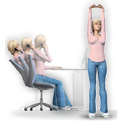 Una donna siede alla sua scrivania. Fa del movimento mentre telefona, facendo oscillare leggermente avanti e indietro lo schienale della sedia. Poi si alza, solleva le braccia sopra la testa e si stiracchia.